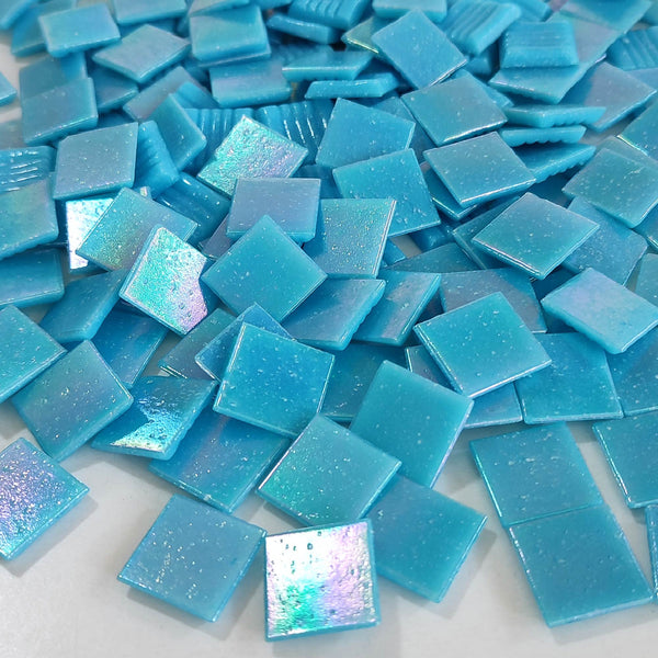 Iridescent glass mosaic tiles, 20x20 mm, Opalescent Aqua blue