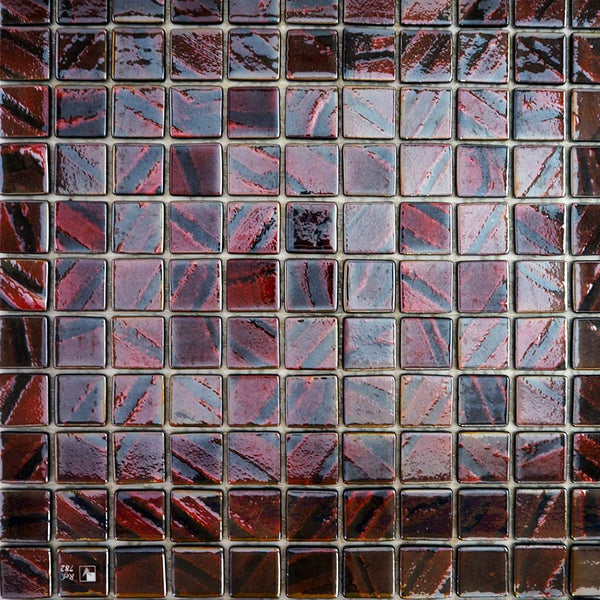 Iridescent glass mosaic tiles, 25x25 mm, Opalescent Maroon Black