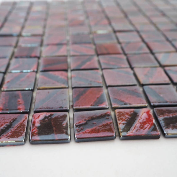 Iridescent glass mosaic tiles, 25x25 mm, Opalescent Maroon Black