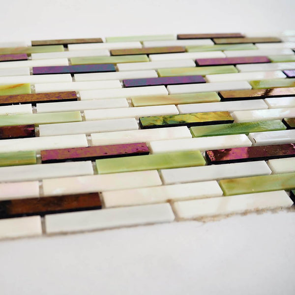 Iridescent glass mosaic tiles, 8x48 mm, Deep purple / green / pearl