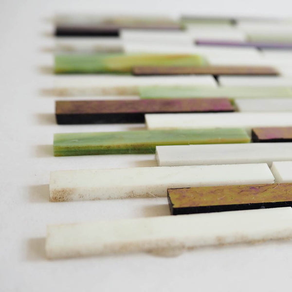 Iridescent glass mosaic tiles, 8x48 mm, Deep purple / green / pearl