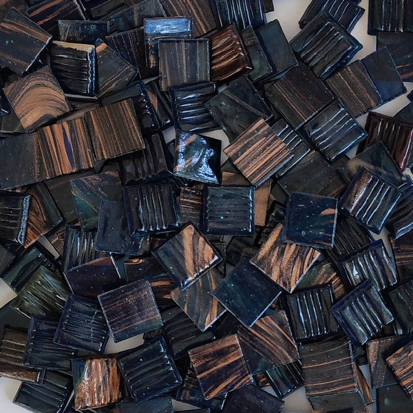 Vitreous glass mosaic tiles, 20x20 mm, Semi-translucent Midnight Blue with streaked gold leaf