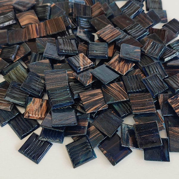 Vitreous glass mosaic tiles, 20x20 mm, Semi-translucent Midnight Blue with streaked gold leaf