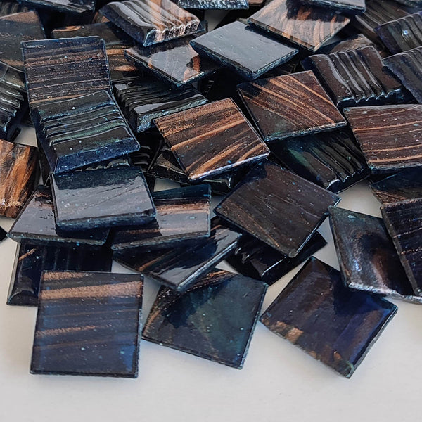 Vitreous glass mosaic tiles, 20x20 mm, Semi-translucent Midnight Blue with streaked gold leaf