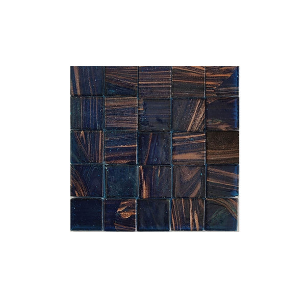 Vitreous glass mosaic tiles, 20x20 mm, Semi-translucent Midnight Blue with streaked gold leaf