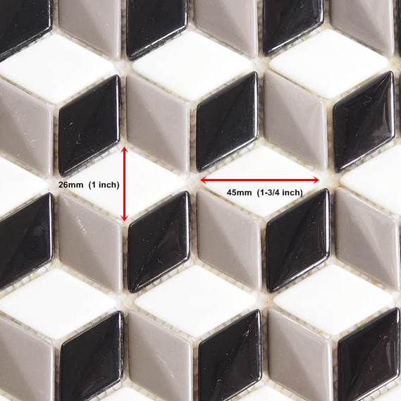 Porcelain glazed mosaic tiles, 26x45mm, Diamond dome, Black / White / Ash Grey