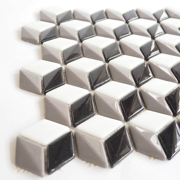 Porcelain glazed mosaic tiles, 26x45mm, Diamond dome, Black / White / Ash Grey