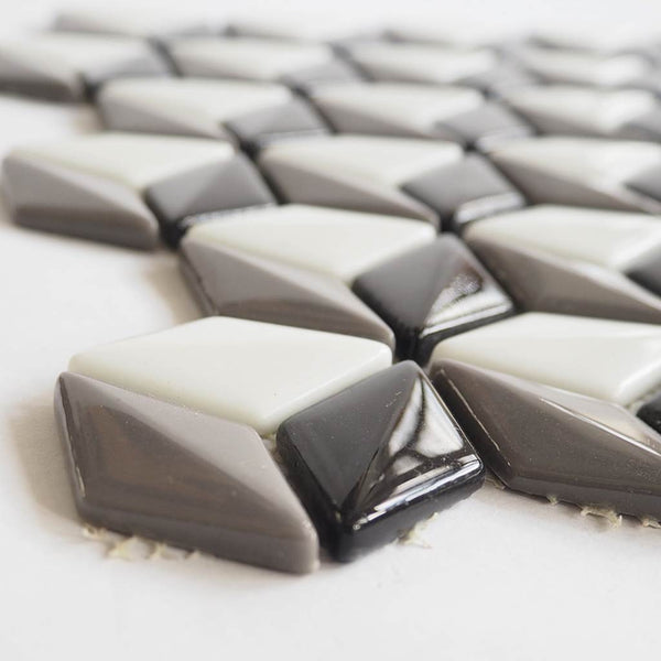 Porcelain glazed mosaic tiles, 26x45mm, Diamond dome, Black / White / Ash Grey