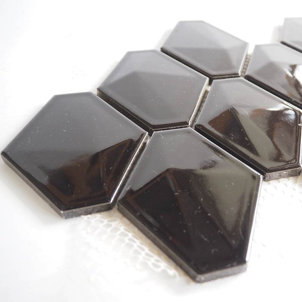 Porcelain glazed mosaic tiles, 70x90 mm, Elongated Hexagon, Black