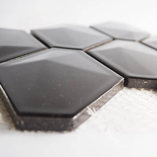 Porcelain glazed mosaic tiles, 70x90 mm, Elongated Hexagon, Black