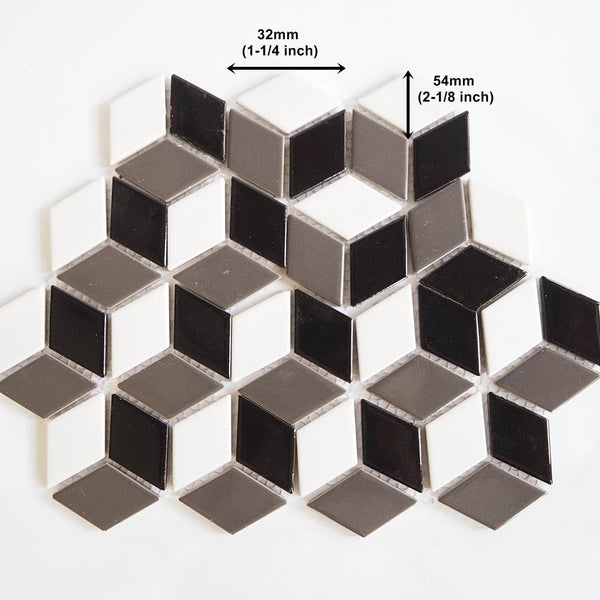 Porcelain glazed mosaic tiles, 32x54mm, Diamond flat, Black / White / Ash Grey