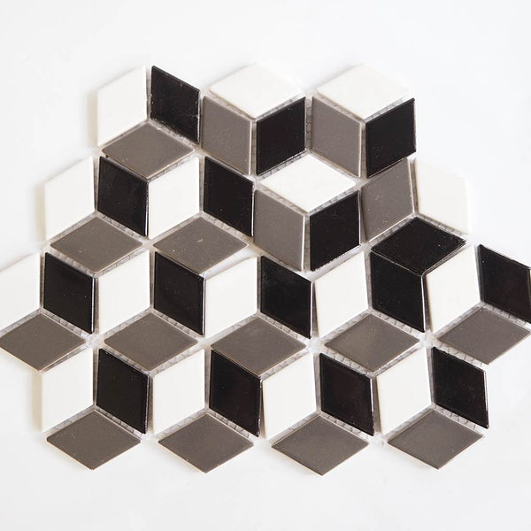 Porcelain glazed mosaic tiles, 32x54mm, Diamond flat, Black / White / Ash Grey