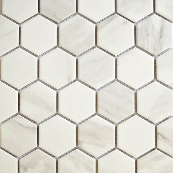 Porcelain glazed mosaic tiles, 52x60 mm, Hexagon, Marble White