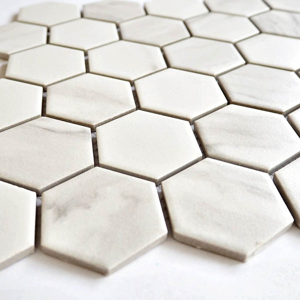 Porcelain glazed mosaic tiles, 52x60 mm, Hexagon, Marble White