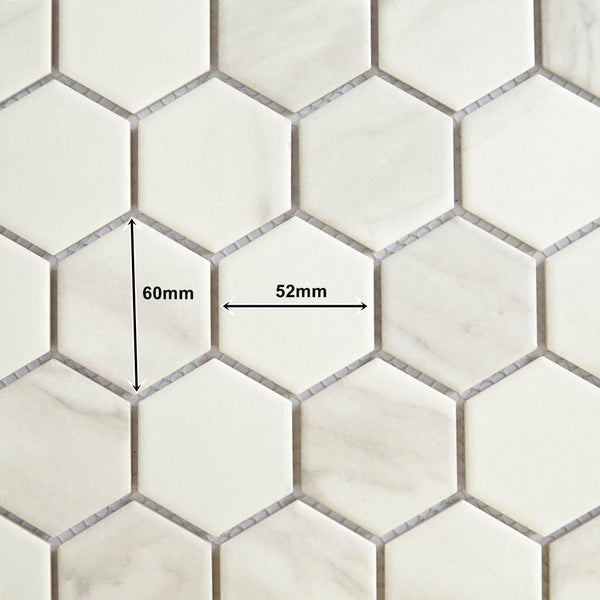 Porcelain glazed mosaic tiles, 52x60 mm, Hexagon, Marble White