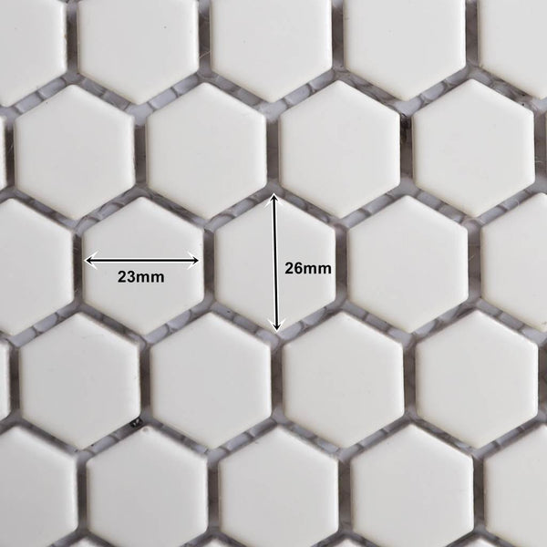 Porcelain glazed mosaic tiles, 23x26 mm, Hexagon, White