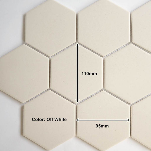 Porcelain matt mosaic tiles, 95x110 mm, Hexagon, Off White