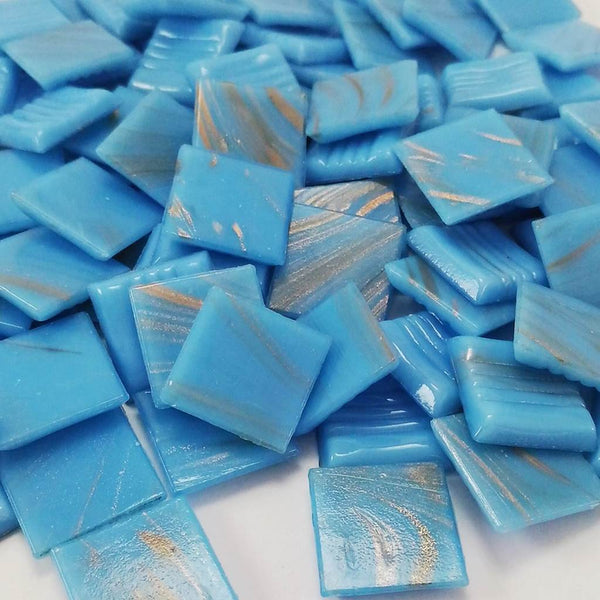Vitreous glass mosaic tiles, 20x20 mm, Blue Macauba 03 with streaked gold leaf