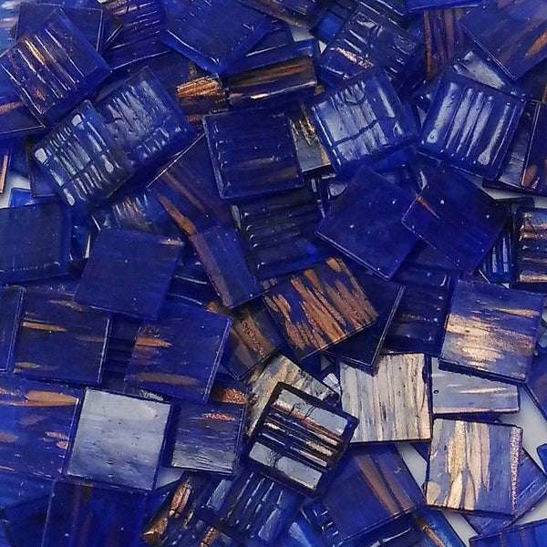 Vitreous glass mosaic tiles, 20x20 mm, Semi-translucent Ocean blue with streaked gold leaf