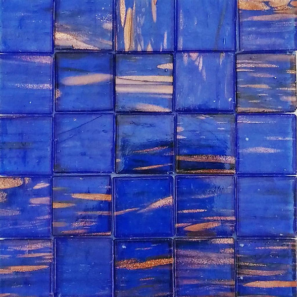 Vitreous glass mosaic tiles, 20x20 mm, Semi-translucent Ocean blue with streaked gold leaf