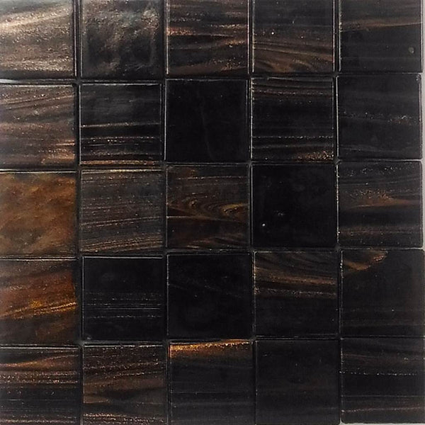 Vitreous glass mosaic tiles, 20x20 mm, Semi-translucent Chocolate with streaked gold leaf
