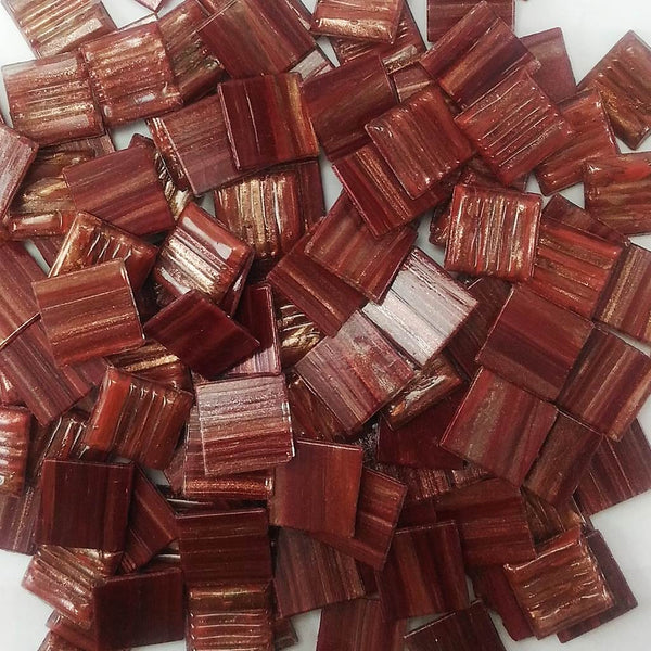 Vitreous glass mosaic tiles, 20x20 mm, Semi-translucent Merlot with streaked gold leaf