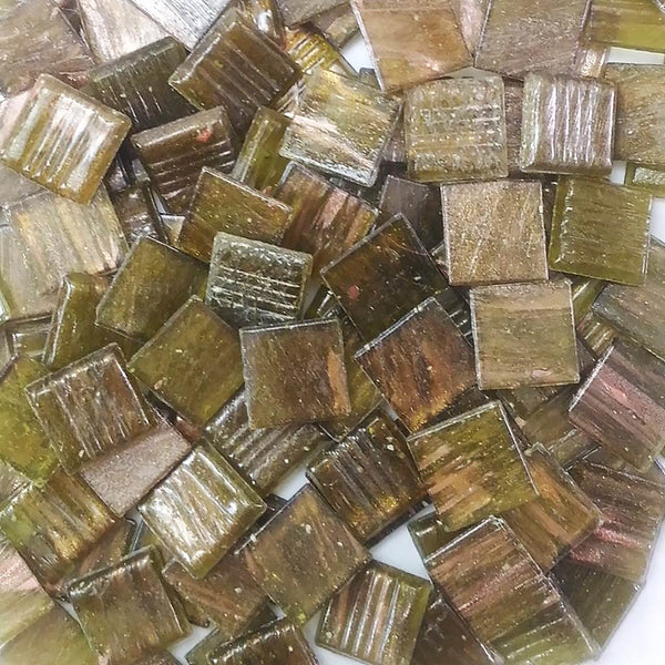 Vitreous glass mosaic tiles, 20x20 mm, Semi-translucent Olive with streaked gold leaf