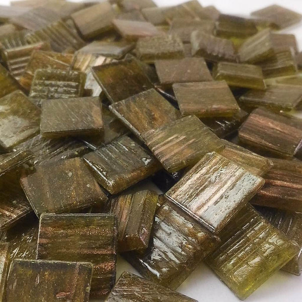 Vitreous glass mosaic tiles, 20x20 mm, Semi-translucent Olive with streaked gold leaf