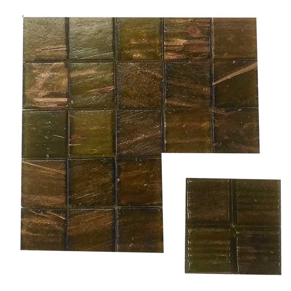 Vitreous glass mosaic tiles, 20x20 mm, Semi-translucent Olive with streaked gold leaf