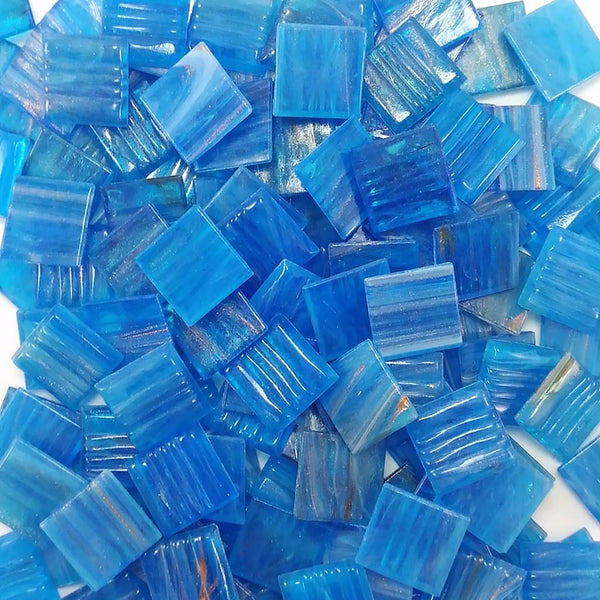 Vitreous glass mosaic tiles, 20x20 mm, Semi-translucent Lake blue with streaked gold leaf