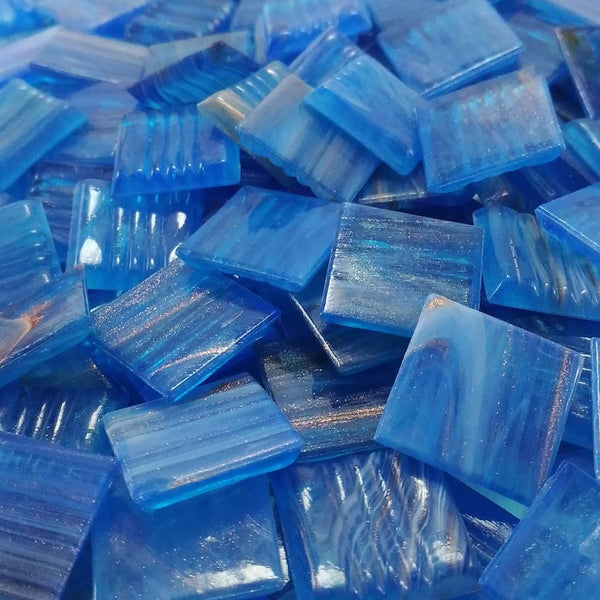 Vitreous glass mosaic tiles, 20x20 mm, Semi-translucent Lake blue with streaked gold leaf