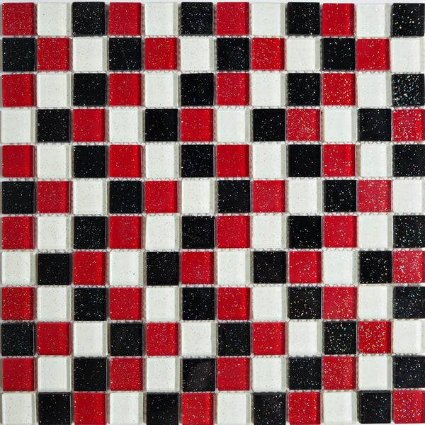 Glass mosaic tiles, 25x25 mm, Sparkle White/Black/Red