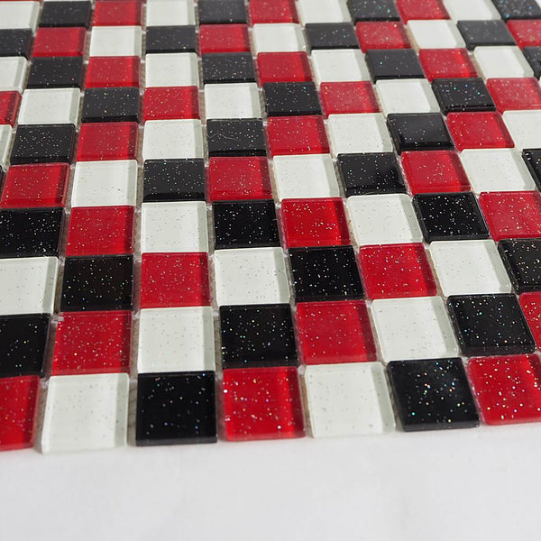Glass mosaic tiles, 25x25 mm, Sparkle White/Black/Red