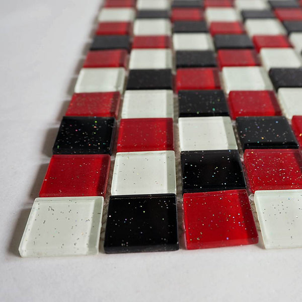 Glass mosaic tiles, 25x25 mm, Sparkle White/Black/Red