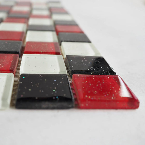 Glass mosaic tiles, 25x25 mm, Sparkle White/Black/Red