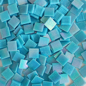 Iridescent glass mosaic tiles, 20x20 mm, Opalescent Aqua blue
