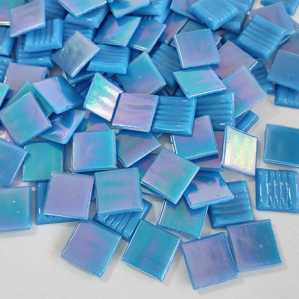 Iridescent glass mosaic tiles, 20x20 mm, Opalescent Malibu blue