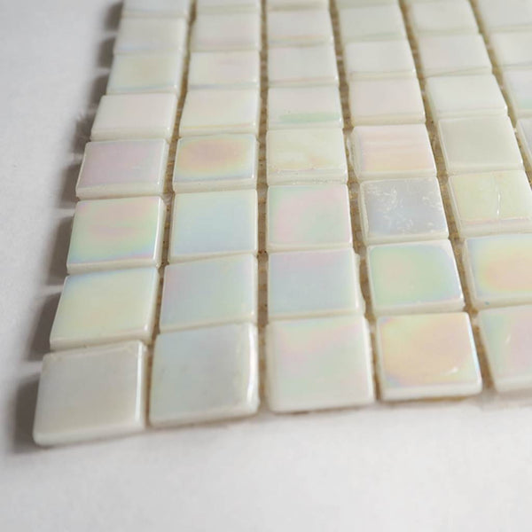 Iridescent glass mosaic tiles, 15x15 mm, Opalescent Pearl White