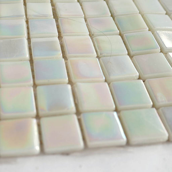 Iridescent glass mosaic tiles, 15x15 mm, Opalescent Pearl White