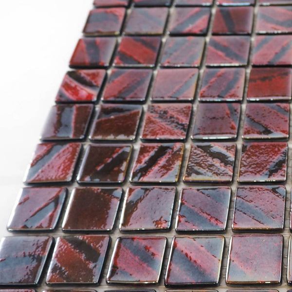 Iridescent glass mosaic tiles, 25x25 mm, Opalescent Maroon Black