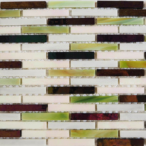 Iridescent glass mosaic tiles, 8x48 mm, Deep purple / green / pearl