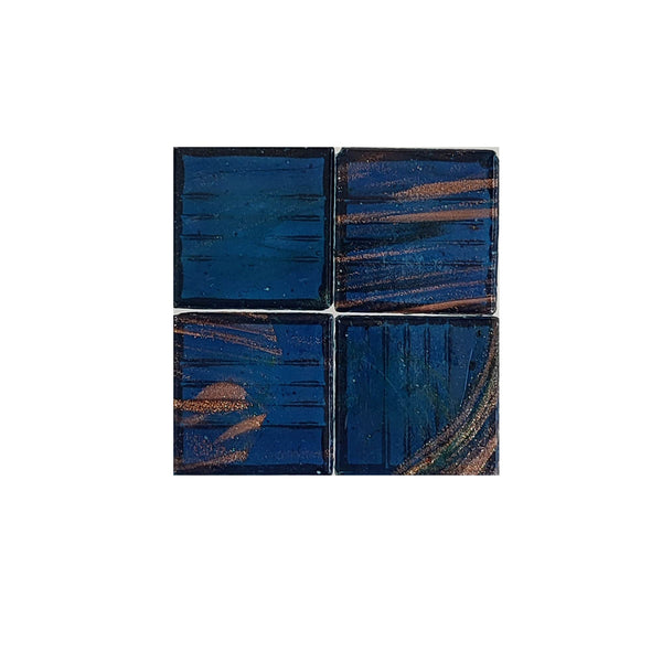 Vitreous glass mosaic tiles, 20x20 mm, Semi-translucent Midnight Blue with streaked gold leaf