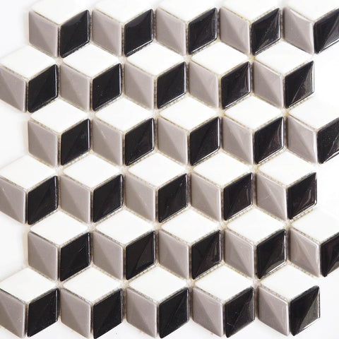Porcelain glazed mosaic tiles, 26x45mm, Diamond dome, Black / White / Ash Grey
