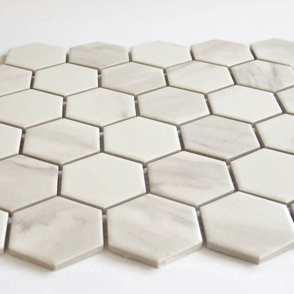 Porcelain glazed mosaic tiles, 52x60 mm, Hexagon, Marble White