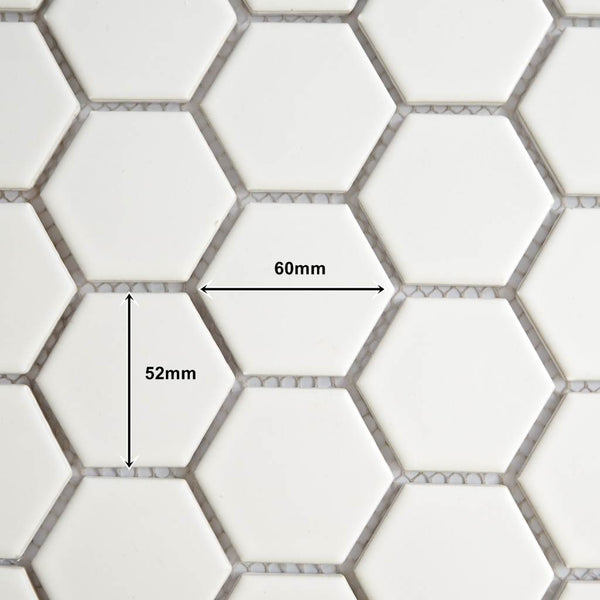 Porcelain glazed mosaic tiles, 52x60 mm, Hexagon, White