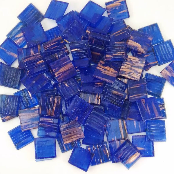 Vitreous glass mosaic tiles, 20x20 mm, Semi-translucent Ocean blue with streaked gold leaf