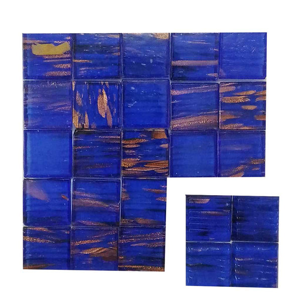 Vitreous glass mosaic tiles, 20x20 mm, Semi-translucent Ocean blue with streaked gold leaf