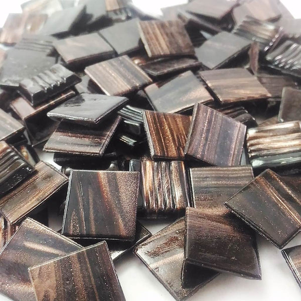 Vitreous glass mosaic tiles, 20x20 mm, Semi-translucent Chocolate with streaked gold leaf