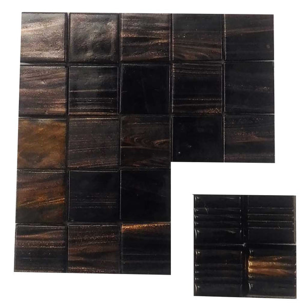 Vitreous glass mosaic tiles, 20x20 mm, Semi-translucent Chocolate with streaked gold leaf