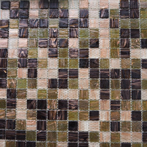 Vitreous glass mosaic tiles, 20x20 mm, Semi-translucent Mix Forest Brown with streaked gold leaf